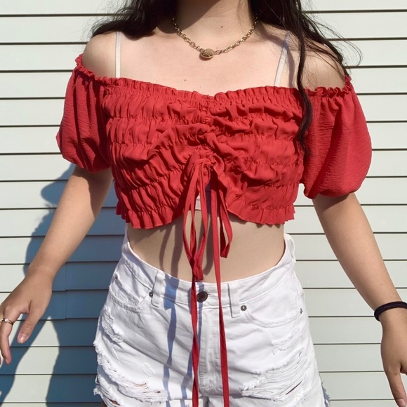 Red Cinched Off the Shoulder Blouse Crop Top - Picture 1 of 5
